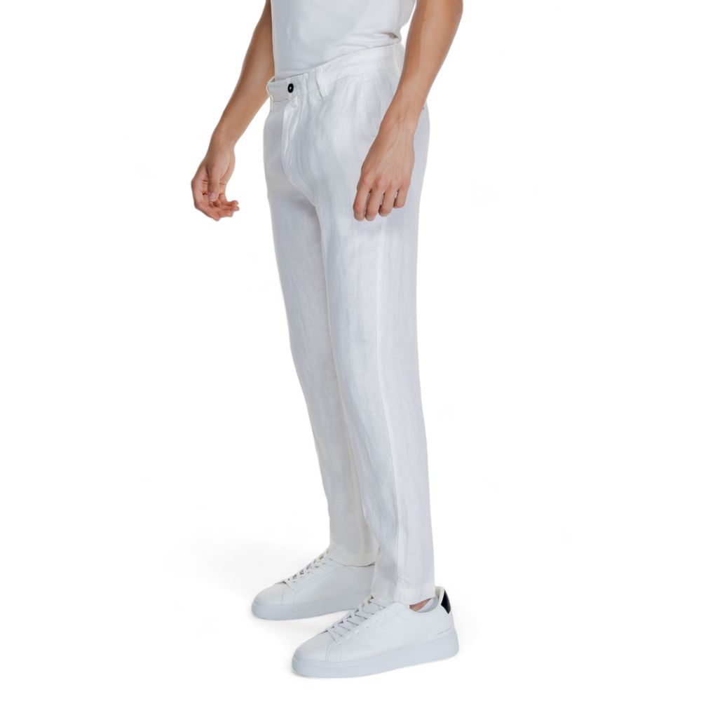 Borghese White Linen Casual Pants for men, side view showing elegant regular fit and comfort with button and zip closure.