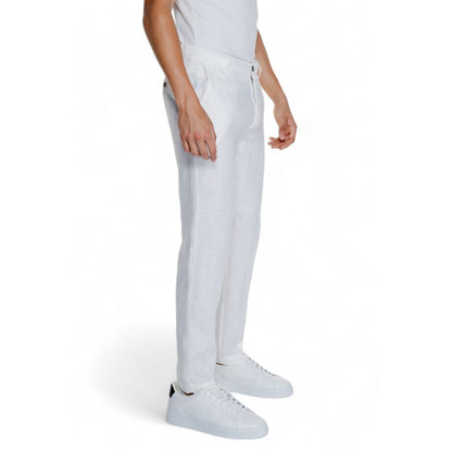 Borghese White Linen Casual Pants modeled by a person, showing elegant comfort with regular fit design, ideal for warm seasons.