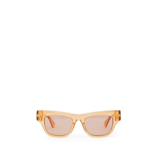 Bottega Veneta Orange Acetate Sunglass with transparent crystal effect frame and orange lenses, featuring gold temple details.