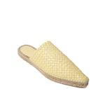 Bottega Veneta Yellow Leather Espadrille with intrecciato motif, pointed toe, open back, and woven rope sole.