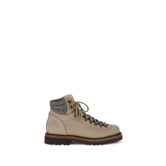 Brunello Cucinelli Beige Calf Leather Bos Taurus Lace-Up Boots with metal eyelets and two-tone laces