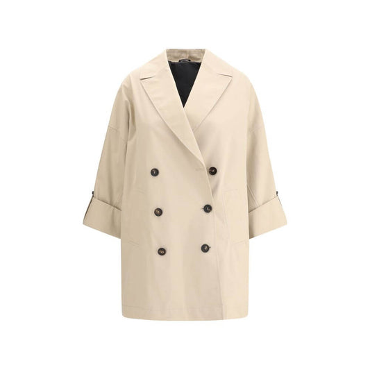 Brunello Cucinelli Beige Cotton Coat with wide lapel and jewel details, double-breasted for a sophisticated, modern feminine look.