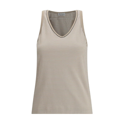 Brunello Cucinelli Beige Cotton Top with striped design and wide neckline, elegant and modern garment for AW25 season.