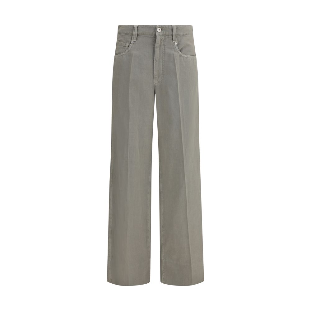 Brunello Cucinelli Bicolor Cotton Relaxed Fit Jeans featuring wide-leg design and jewel-embellished belt loops. Modern stylish fit.