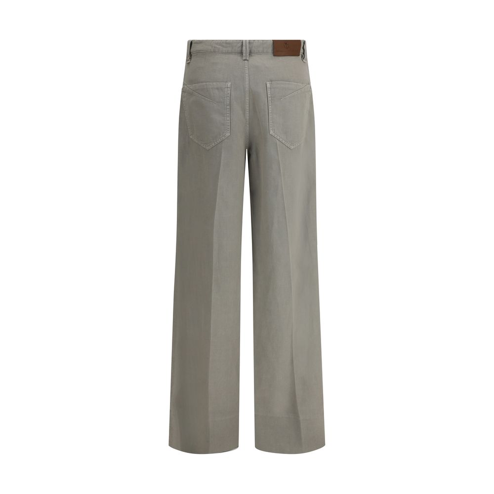 Back view of Brunello Cucinelli Bicolor Cotton Relaxed Fit Jeans showcasing wide-leg design and logo leather patch.