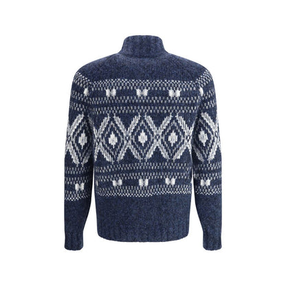 Brunello Cucinelli Blue Alpaca Vicugna Pacos Cardigan with geometric design, high collar, and double-slider zipper front closure.