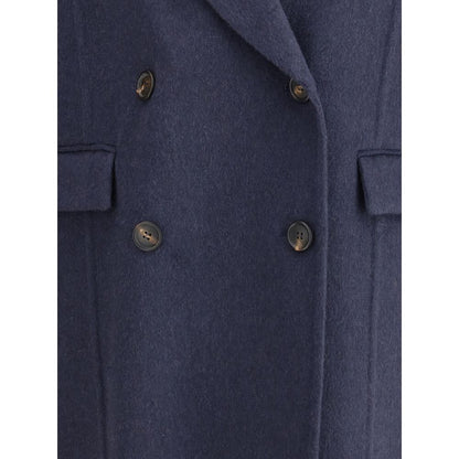 Close-up of Brunello Cucinelli Blue Cashmere Coat with double-breasted closure and welt flap pockets. Elegant and versatile design.