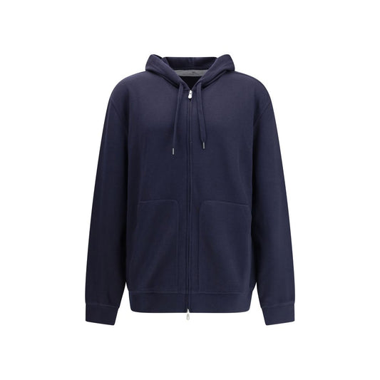 Brunello Cucinelli Blue Cashmere Sweatshirt with hood, zipper closure, and ribbed cuffs, featuring two front patch pockets for convenience.