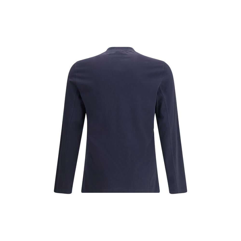 Back view of Brunello Cucinelli Blue Cotton Long Sleeve T-Shirt, featuring a ribbed crew neck and regular fit for versatile style.