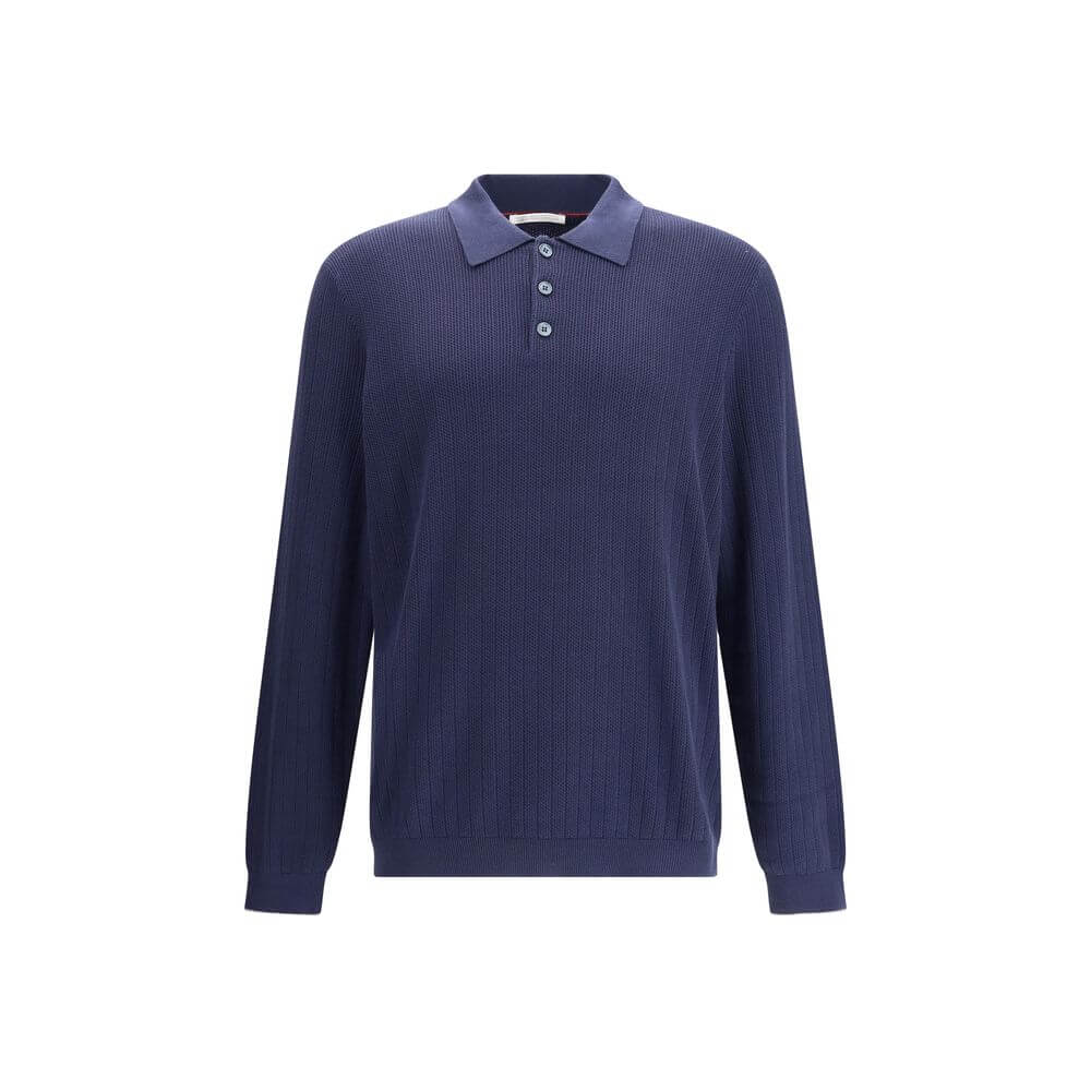 Brunello Cucinelli Blue Cotton Sweatshirt with ribbed design, collar, and three-button closure, crafted for Fall-Winter 25 season elegance.