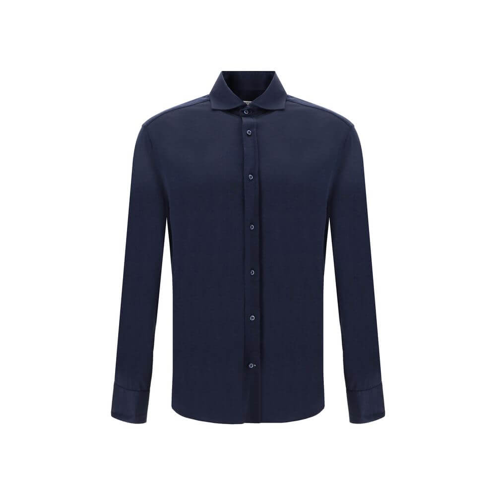 Brunello Cucinelli Blue Silk Shirt with classic collar and button closure, elegant and versatile fashion for luxury wear.