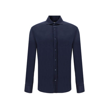 Brunello Cucinelli Blue Silk Shirt with classic collar and button closure, elegant and versatile fashion for luxury wear.
