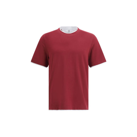 Brunello Cucinelli Bordeaux Cotton T-Shirt with two-tone double layer hems, elegant monochrome pattern, and regular fit for AW25.