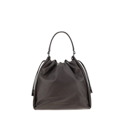 Brunello Cucinelli Brown Calf Leather Bos Taurus Shoulder Bag with drawstring closure and adjustable handle, AW25 collection.