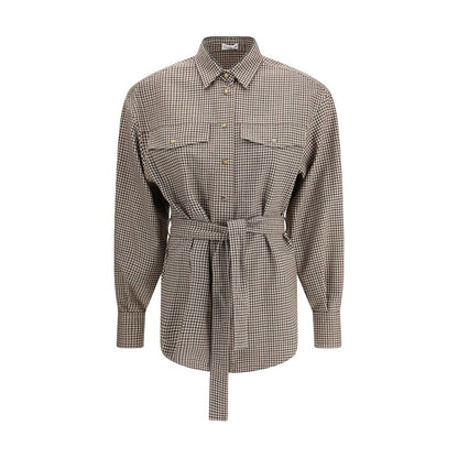 Brunello Cucinelli Brown Fleece Wool Pattern Shirt with check design and removable belt for a modern feminine look.