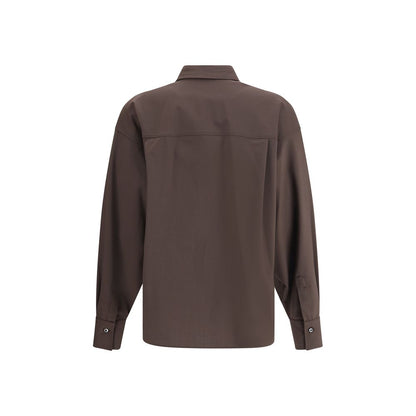 Back view of Brunello Cucinelli Brown Fleece Wool Shirt with elegant design, featuring classic collar and patch pockets.