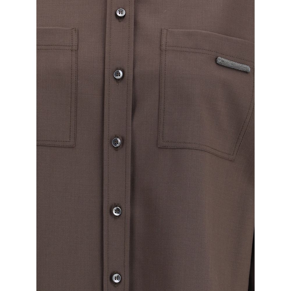Close-up of Brunello Cucinelli Brown Fleece Wool Shirt with buttons and embellished patch pockets featuring shiny jewels.