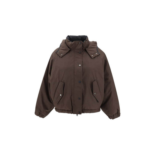 Brunello Cucinelli Brown Polyester Coat with removable hood, zipper and button closure, and elastic cuffs, ideal for cold weather.