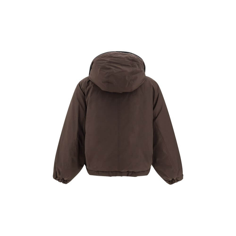 Brunello Cucinelli Brown Polyester Coat with removable hood, elastic cuffs, and padded down design for warmth and style.