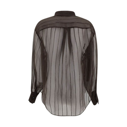 Brunello Cucinelli Brown Silk Blouse with semi-transparent design and sequined embellishments, showing back view.