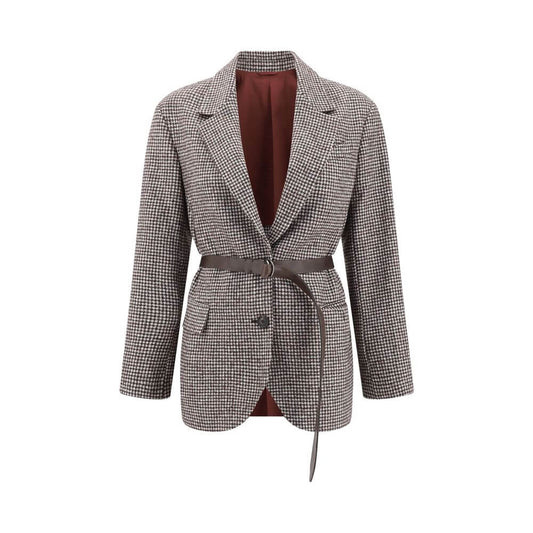 Brunello Cucinelli Brown Wool Blazer with classic lapel and adjustable leather belt