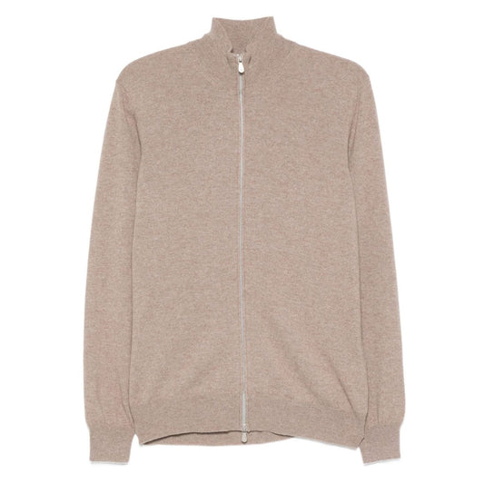 Brunello Cucinelli Cashmere Zipped Cardigan in brown with high neck, long sleeves, and ribbed cuffs and hem.