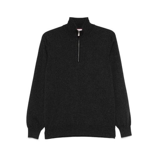 Brunello Cucinelli Cashmere sweater with grey half front zip, long sleeves, ribbed cuffs, high-neck, and curved hem.