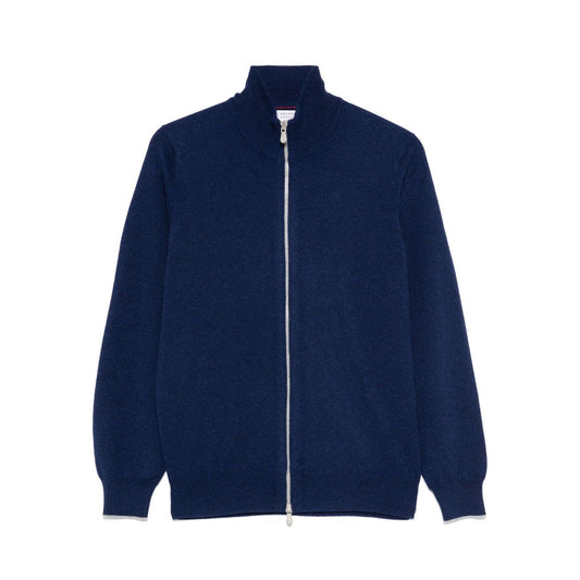 Brunello Cucinelli Cashmere zip-up sweatshirt in blue with front zip, long sleeves, ribbed cuffs and hem, straight hem design.