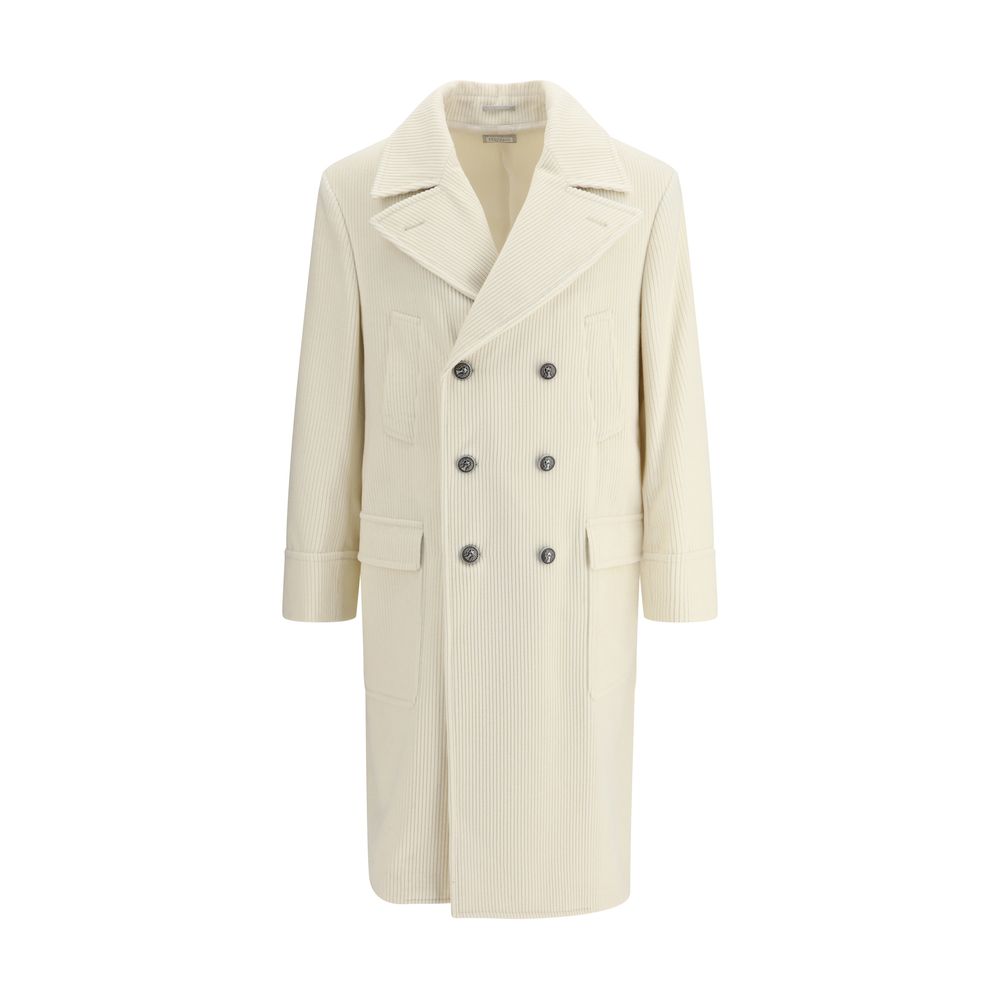 Brunello Cucinelli Cream Cashmere Coat with ribbed texture and metal button closure, featuring welt and patch pockets, classic lapel collar.