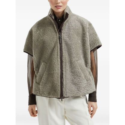 Brunello Cucinelli Curly Shearling Short Sleeve Outerwear with Shiny Zipper Pull