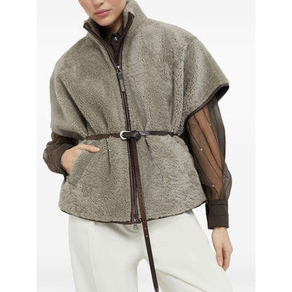 Brunello Cucinelli Curly Shearling Short Sleeve Outerwear with Shiny Zipper Pull