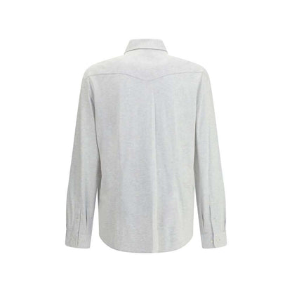 Back view of Brunello Cucinelli Gray Cotton Shirt with classic collar and button cuffs, elegant design for seasonal wear.