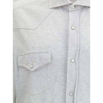 Detail view of Brunello Cucinelli Gray Cotton Shirt with snap buttons and front patch pockets in elegant grey melange.