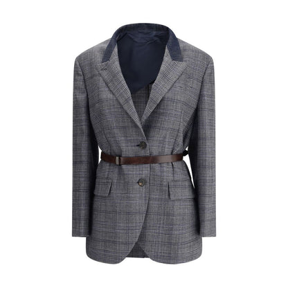 Brunello Cucinelli Gray Fleece Wool Blazer with Prince of Wales pattern and denim detail on collar.