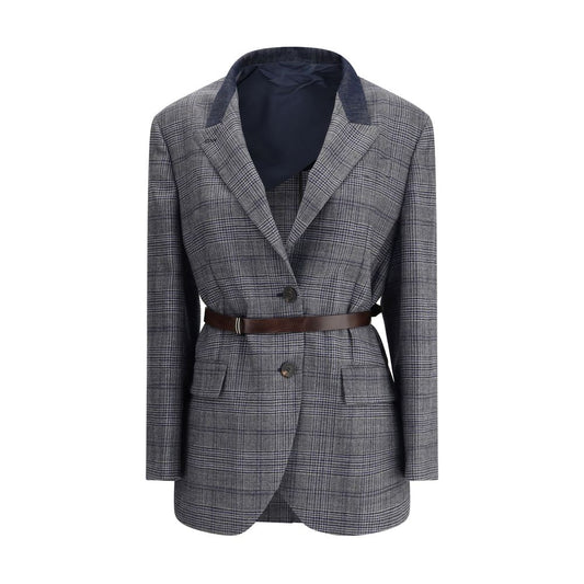 Brunello Cucinelli Gray Fleece Wool Blazer with Prince of Wales pattern and denim detail on collar.
