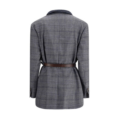 Back view of Brunello Cucinelli Gray Fleece Wool Blazer with Prince of Wales pattern and belt detail.
