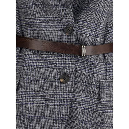 Brunello Cucinelli Gray Fleece Wool Blazer with Prince of Wales pattern and denim detail on collar.