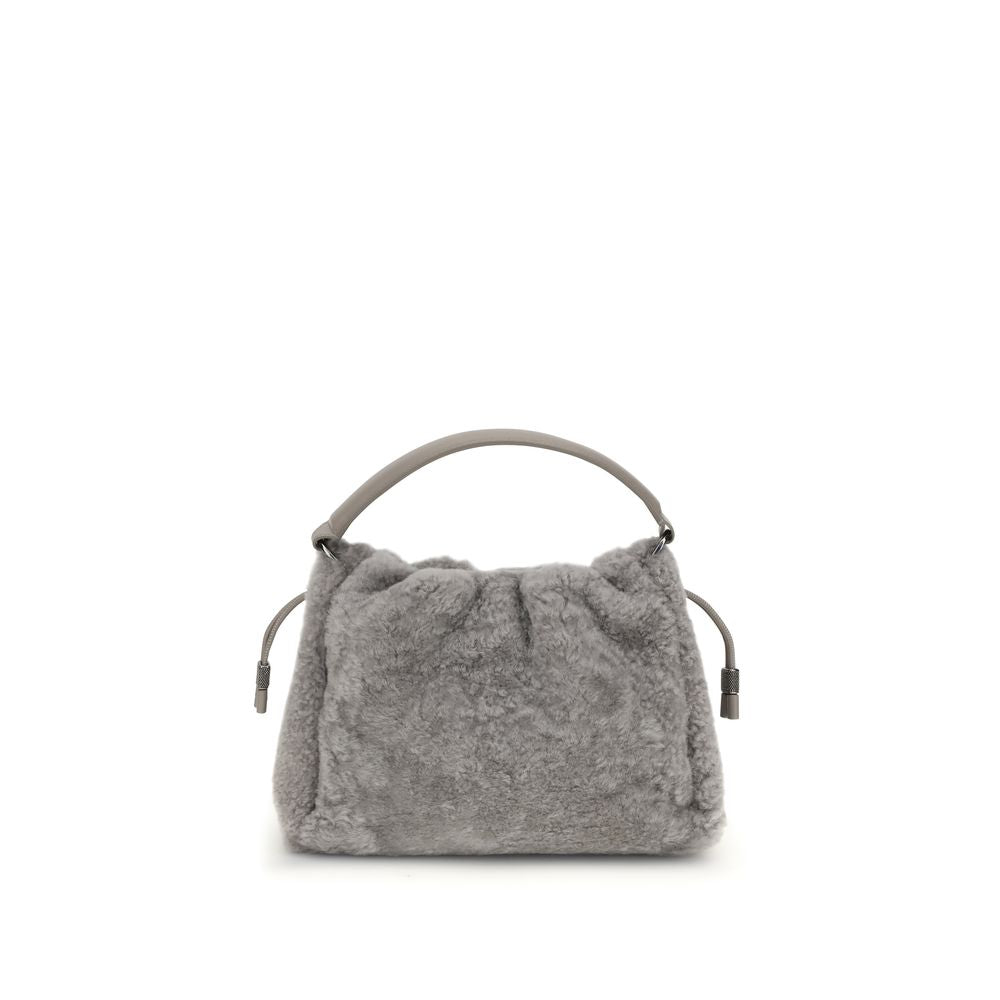 Brunello Cucinelli Gray Fur Shoulder Bag with drawstring closure and nickel-free metal details, elegant and compact design.