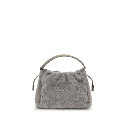 Brunello Cucinelli Gray Fur Shoulder Bag with drawstring closure and nickel-free metal details, elegant and compact design.