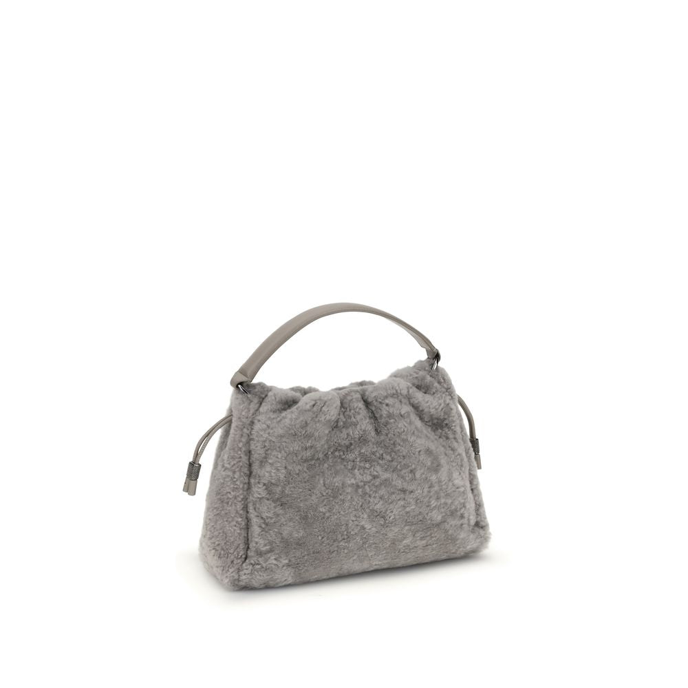 Brunello Cucinelli Gray Fur Shoulder Bag with shearling material, drawstring closure, and elegant design, AW25 season collection.