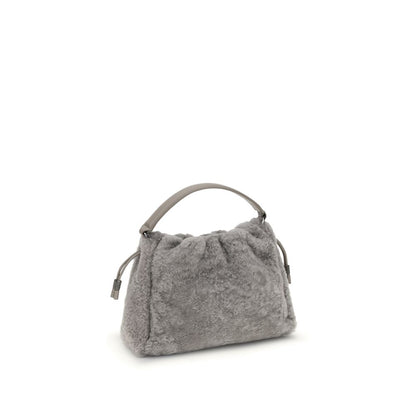 Brunello Cucinelli Gray Fur Shoulder Bag with shearling material, drawstring closure, and elegant design, AW25 season collection.