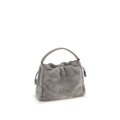 Brunello Cucinelli Gray Fur Shoulder Bag with soft shearling, drawstring closure, and leather lining. Elegant design for AW25 season.