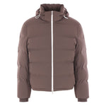 Brunello Cucinelli Hooded down-filled coat - brown quilted design, zip front, long sleeves, hooded neckline, luxurious winter jacket.