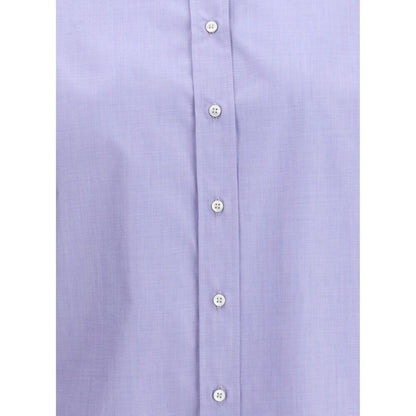 Brunello Cucinelli Light Blue Cotton Dress Shirt with jewel-embellished collar and asymmetrical hem
