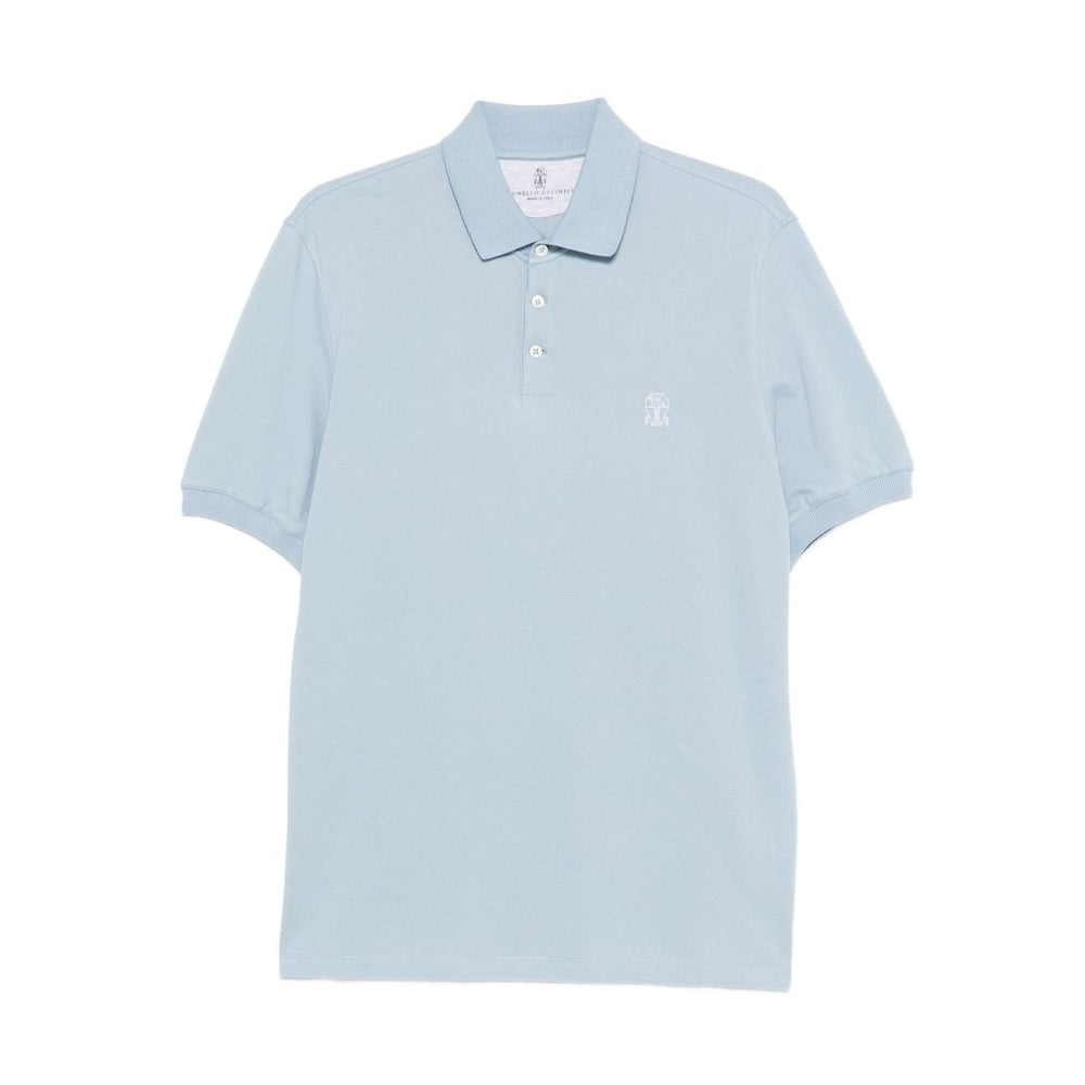 Brunello Cucinelli Polo shirt with embroidery in light blue cotton, featuring short sleeves and a button placket.
