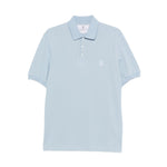 Brunello Cucinelli Polo shirt with embroidery in light blue cotton, featuring short sleeves and a button placket.
