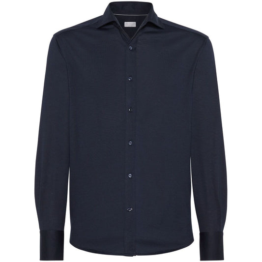 Brunello Cucinelli Shirts Blue silk and cotton blend with long sleeves and buttoned cuffs.