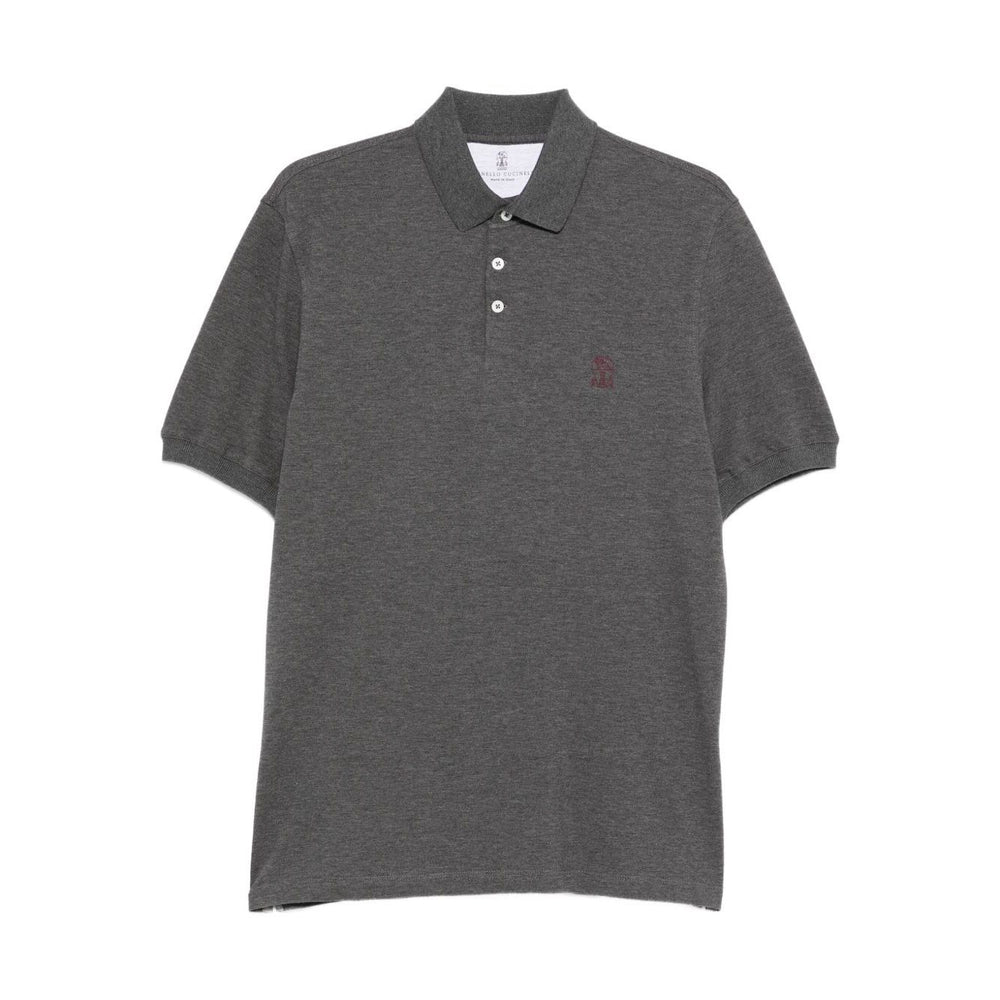 Brunello Cucinelli Short-sleeve polo shirt in grey with polo collar and button fastening, featuring embroidered logo on cotton material.