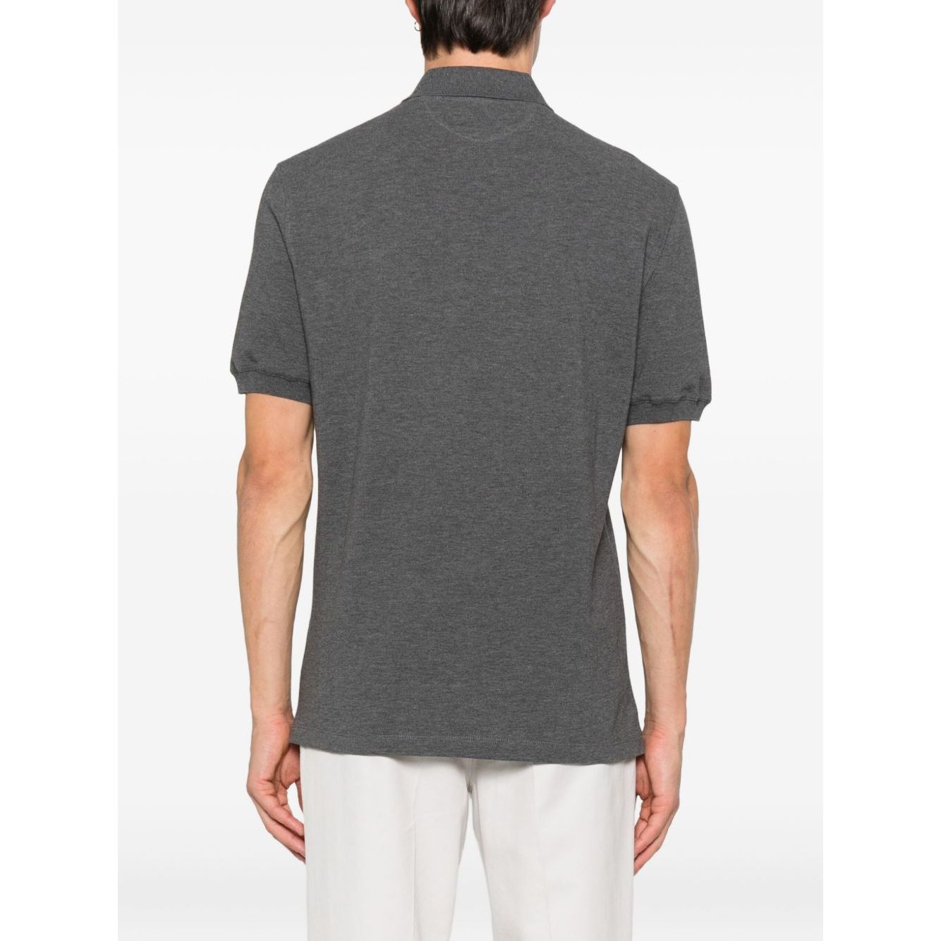 Back view of Brunello Cucinelli Short-sleeve polo shirt in grey cotton with embroidered logo and button fastening.