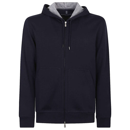 Brunello Cucinelli Sweaters Blue with hood, drawstring, zip, ribbed cuffs, and pouch pockets.